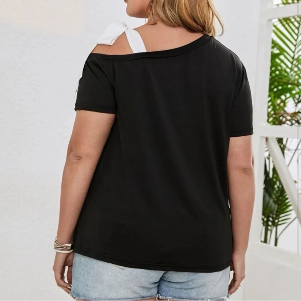 3/$12 Shein Curve Heart Splatter Off One Shoulder Bow Tie Tee T-Shirt Blouse Top - Picture 2 of 12